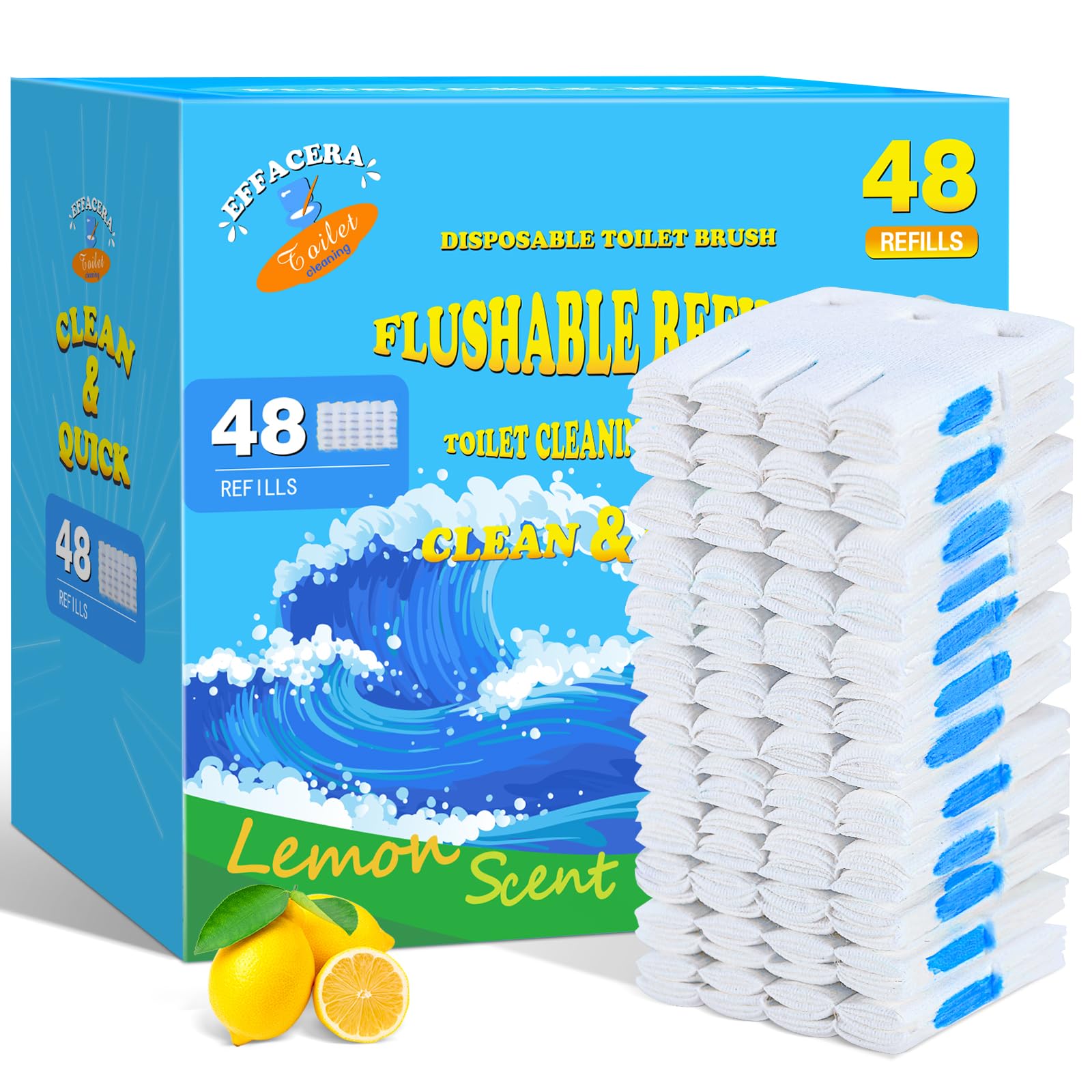 Effacera 48 Count Flushable Toilet Refills, Disposable Toilet Bowl Paper Bulk, Fresh Flushable Toilet Brush Refill Pads for Toilet and Bathroom, Toilet Brush Accessories (No Handle)