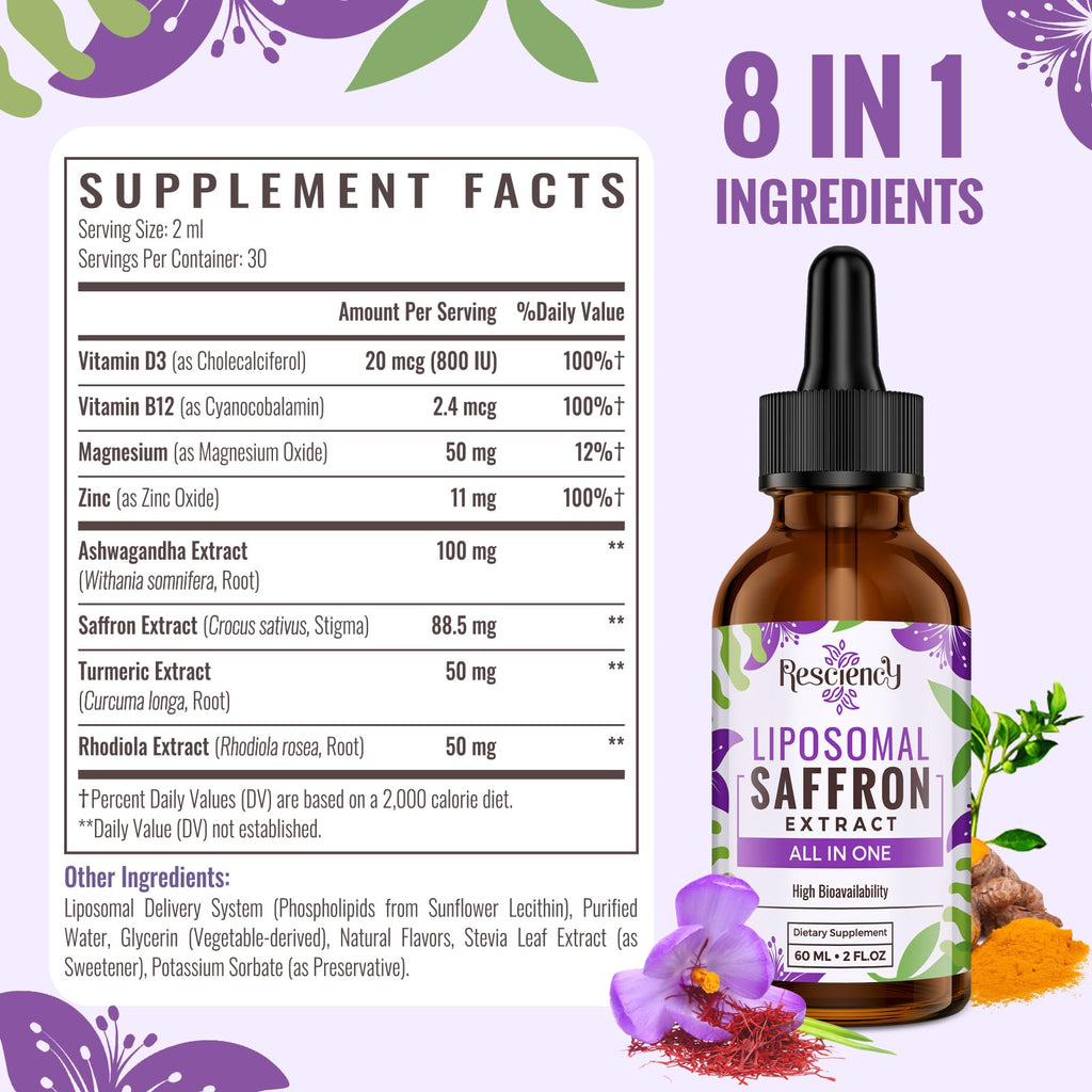 Resciency Liposomal Saffron Supplements Drops 88.5mg – High Bioavailability Liquid Saffron Extract for Mood Support, Energy, Focus & Vision with Ashwagandha, Magnesium, Zinc, B12 & D3, 4 fl oz