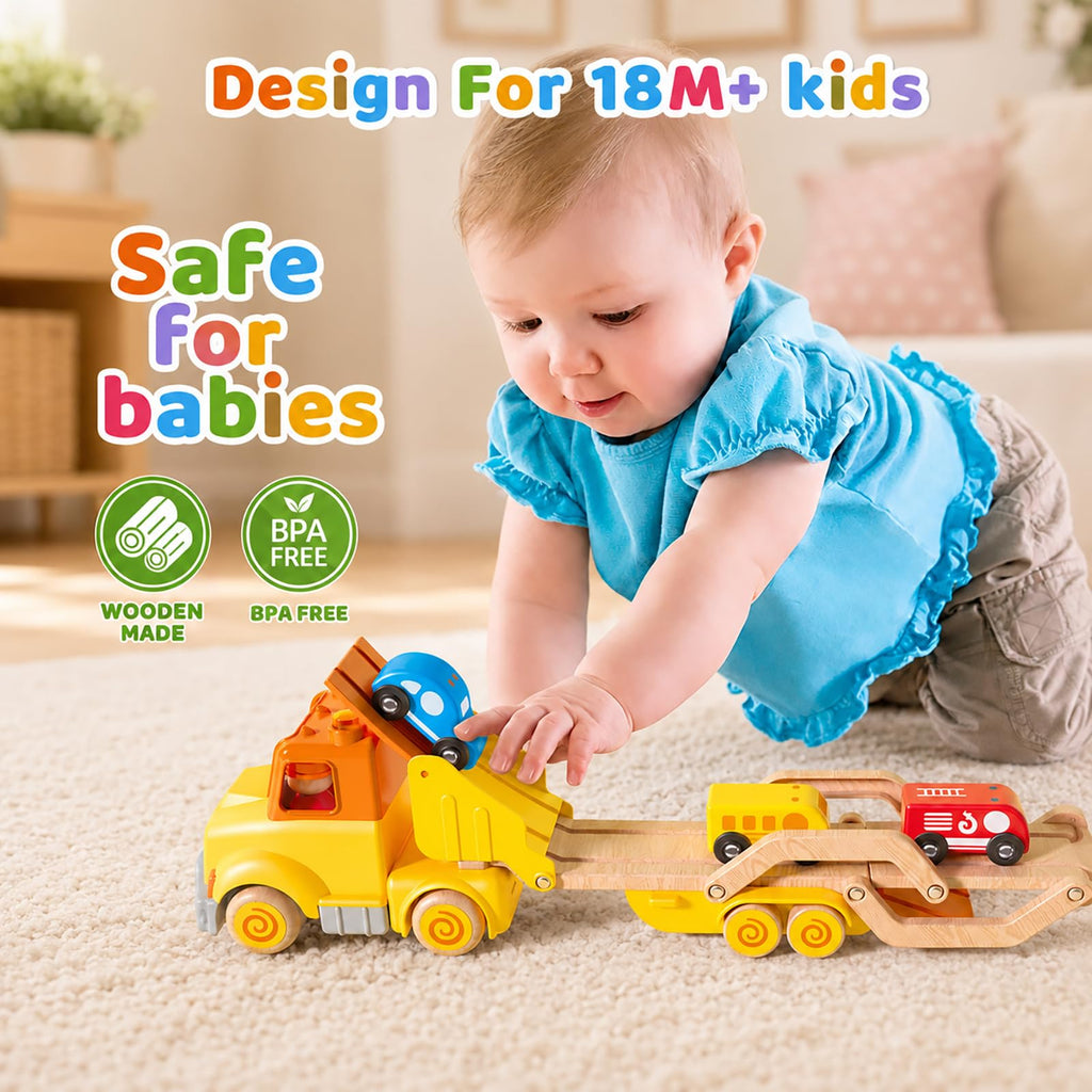 Toddler Car Toys for 2 3 4 5 Years Old Kids, Transport Carrier Truck Toy with 4 Wooden Vehicle, 24IN Foldable Track Trailer with Light & Sound Effects, Best Gift Choice for Christmas, Birthday