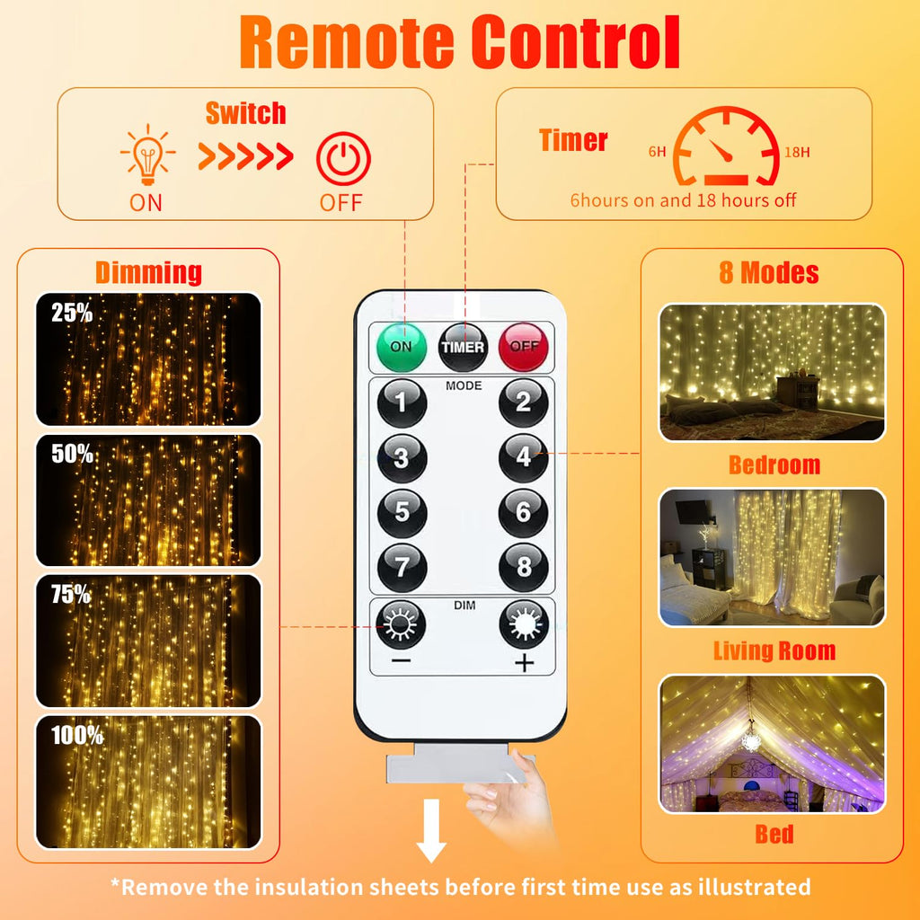 300LED Fairy Curtain Lights, 9.8x9.8Ft Warm White USB Plug in 8 Modes & Timer Christmas String Hanging Lights with Remote for Bedroom Indoor Outdoor Weddings Party Wall Decorations(Warm White)