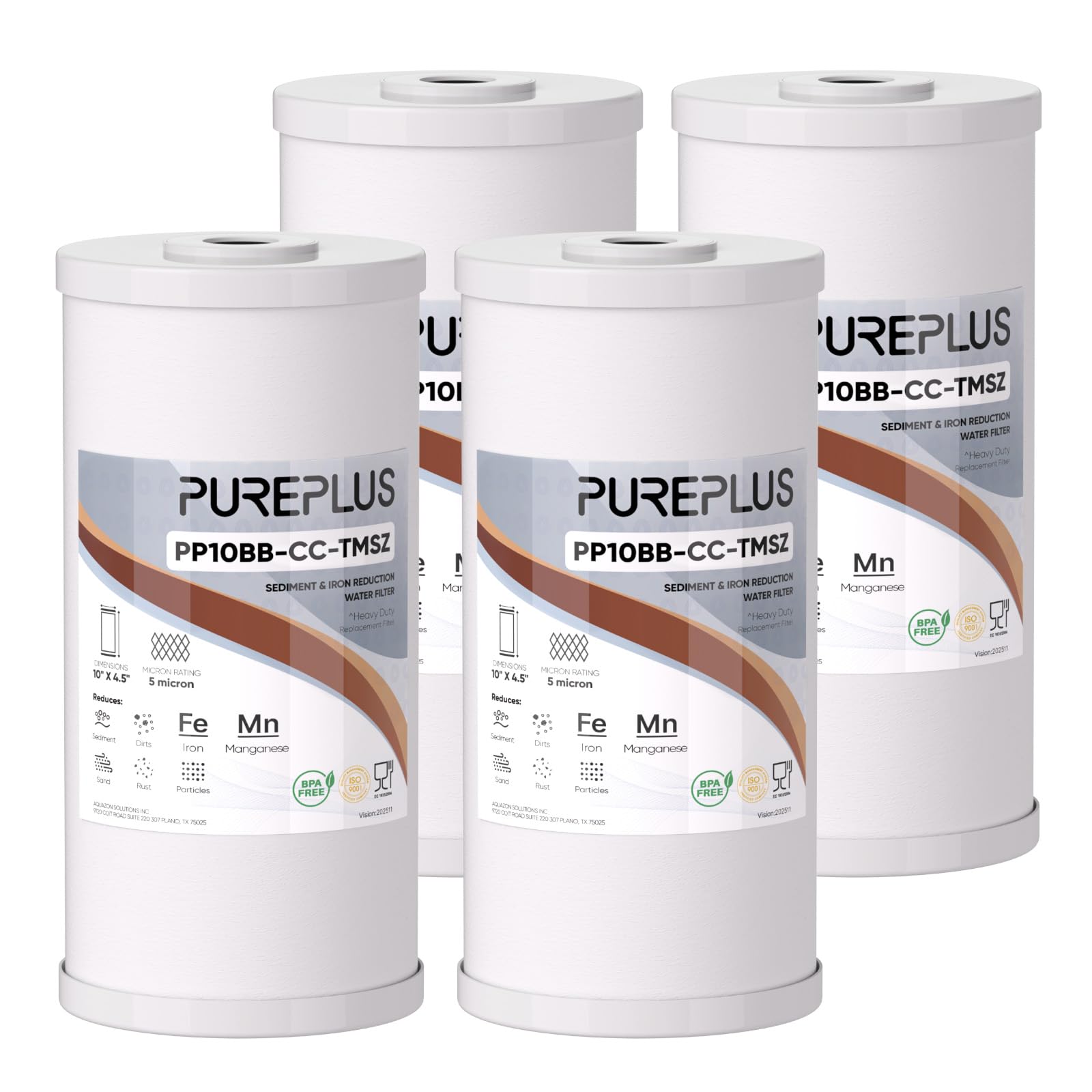 PUREPLUS 5 Micron 10" x 4.5" Whole House PP Sediment Resin Composite Water Softener Filter Cartridge for GE FXHTC,GXWH40L,GXWH35F,GNWH38S,Culligan RFC-BBSA,WRC25HD,Pentek RFC-BB,4Pack