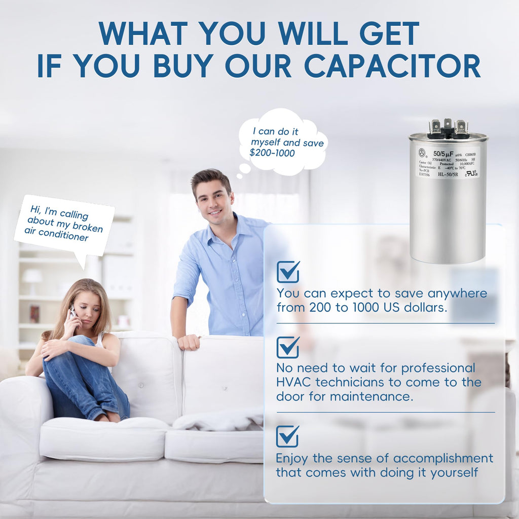 QYCKFIXR AC Capacitor 50+5 uF 50/5 MFD ±6% 370V/440VAC CBB65 Dual Run Circular Start Capacitor for Heat Pump Air Conditioner，Ten Years of Coverage