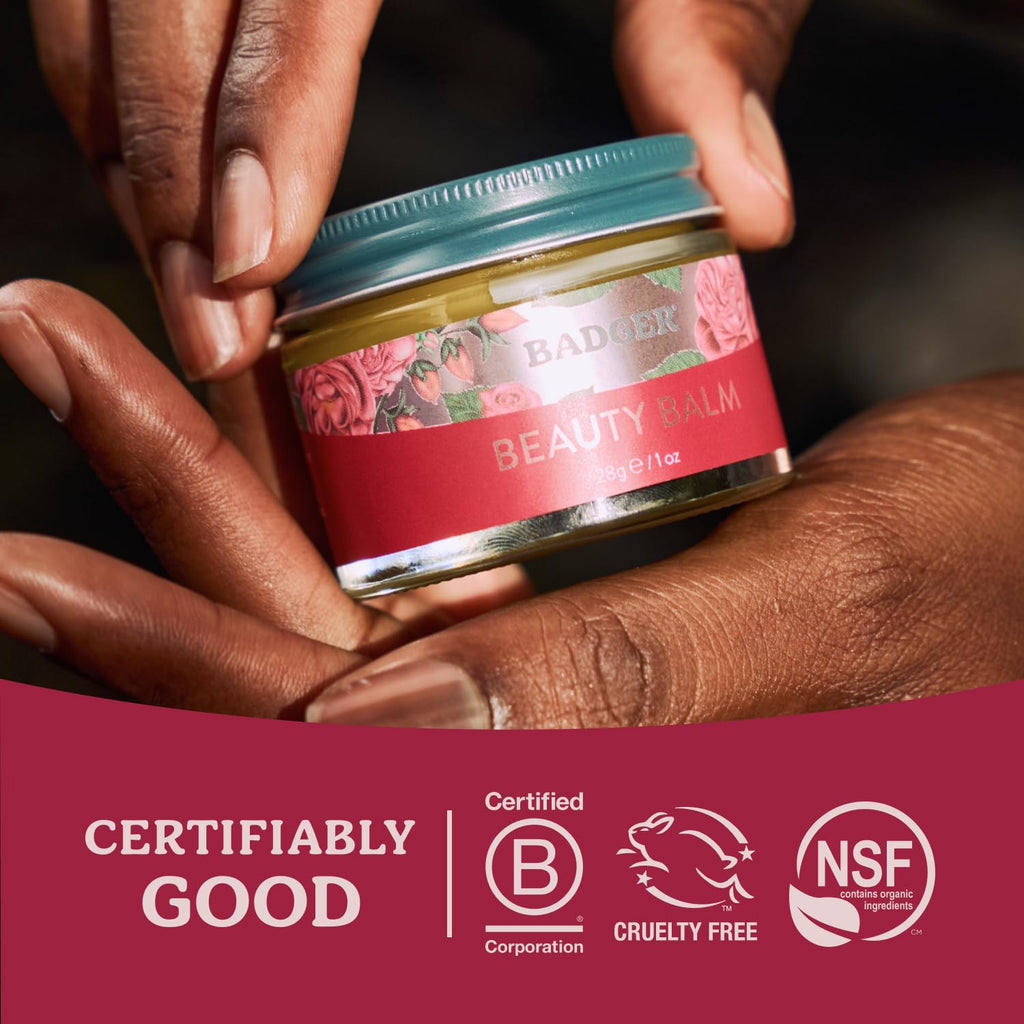 Badger Rose Beauty Balm, 100% Organic Nourishing Treatment For Face, Neck & Hands w/Pure Rose Essential Oil, Intensive Long Lasting Face Moisturizer for Women & Men, 1 oz Glass Jar
