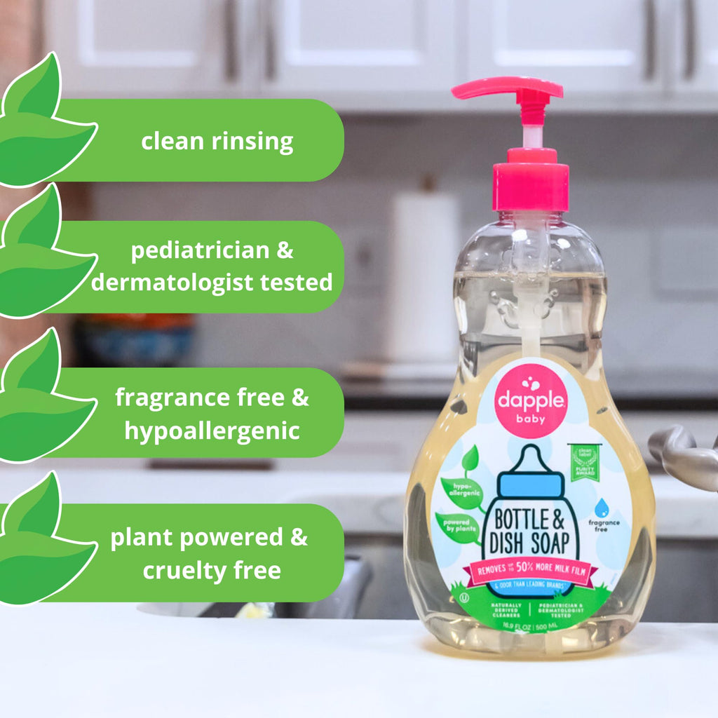 Dapple Baby Fragrance Free Bottle & Dish Soap - (3 Pack) 16.9 fl oz - Cleans Baby Bottles, Sippy Cups, Pacifiers, Breast Pumps, & More - Gently Removes Milk Film & Odors - Includes 1 Pump