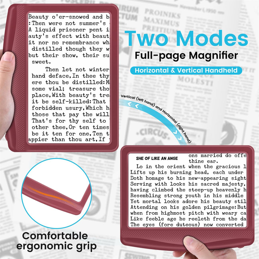 Shelepro Rechargeable 5X Magnifying Glass for Reading, Large Bright Full Page Magnifier with Light, Handheld LED Dimmable Lighted, Lightweight Book Magnifier for Reading Small Prints Seniors - Red