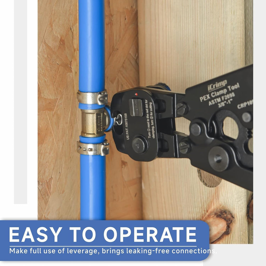 iCrimp Ratchet PEX Cinch Tool with Removing Function for 3/8-in, 1/2-in, 3/4-in, 1-in Stainless Steel Clamp, PEX Crimper with 20PCS 1/2-in, 10PCS 3/4-in PEX Clamps and Pipe Cutter- All in One