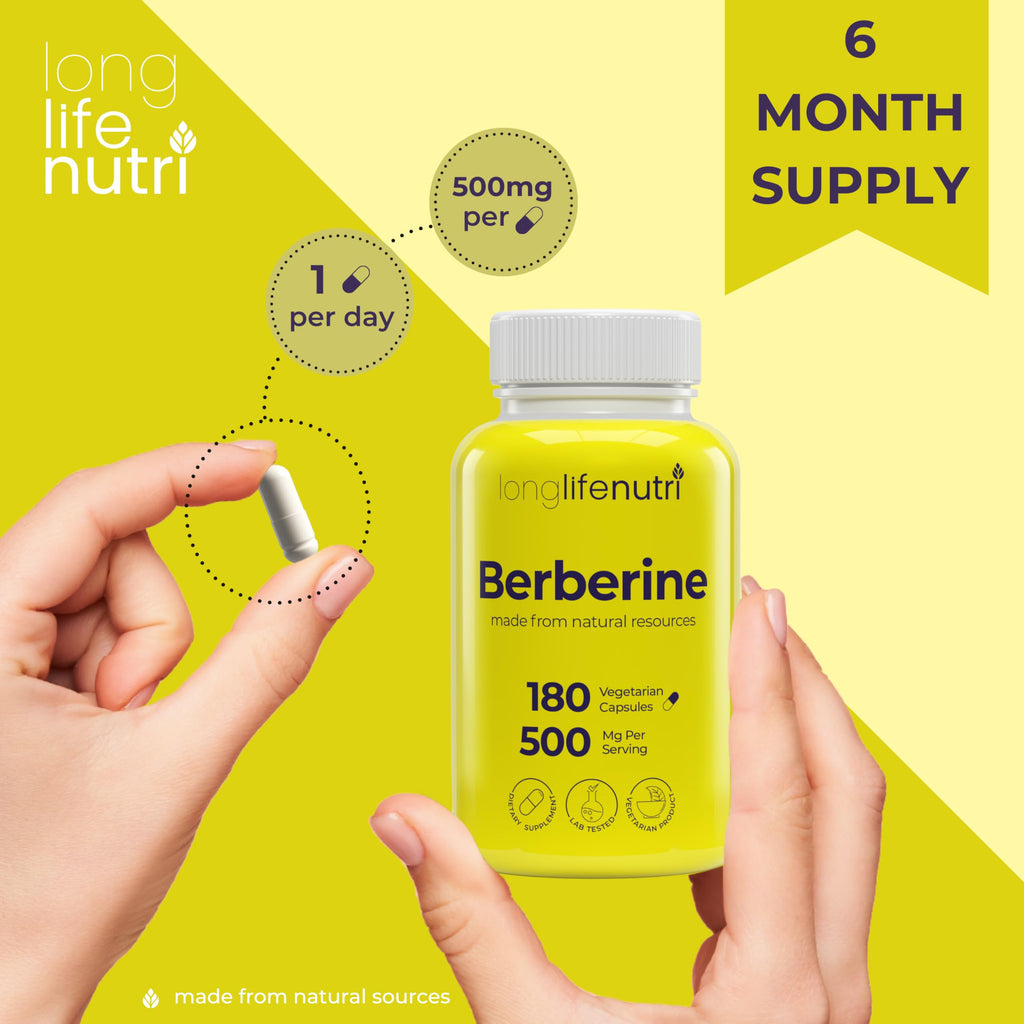 Berberine 500mg HCL Extract – from Berberis Aristata Vulgaris, 180 Vegetarian Capsules, Digestive Supplement for Overall Well-Being, 6-Month Supply, Non-GMO,1000mg per Serving, GMP Certified, USA Made