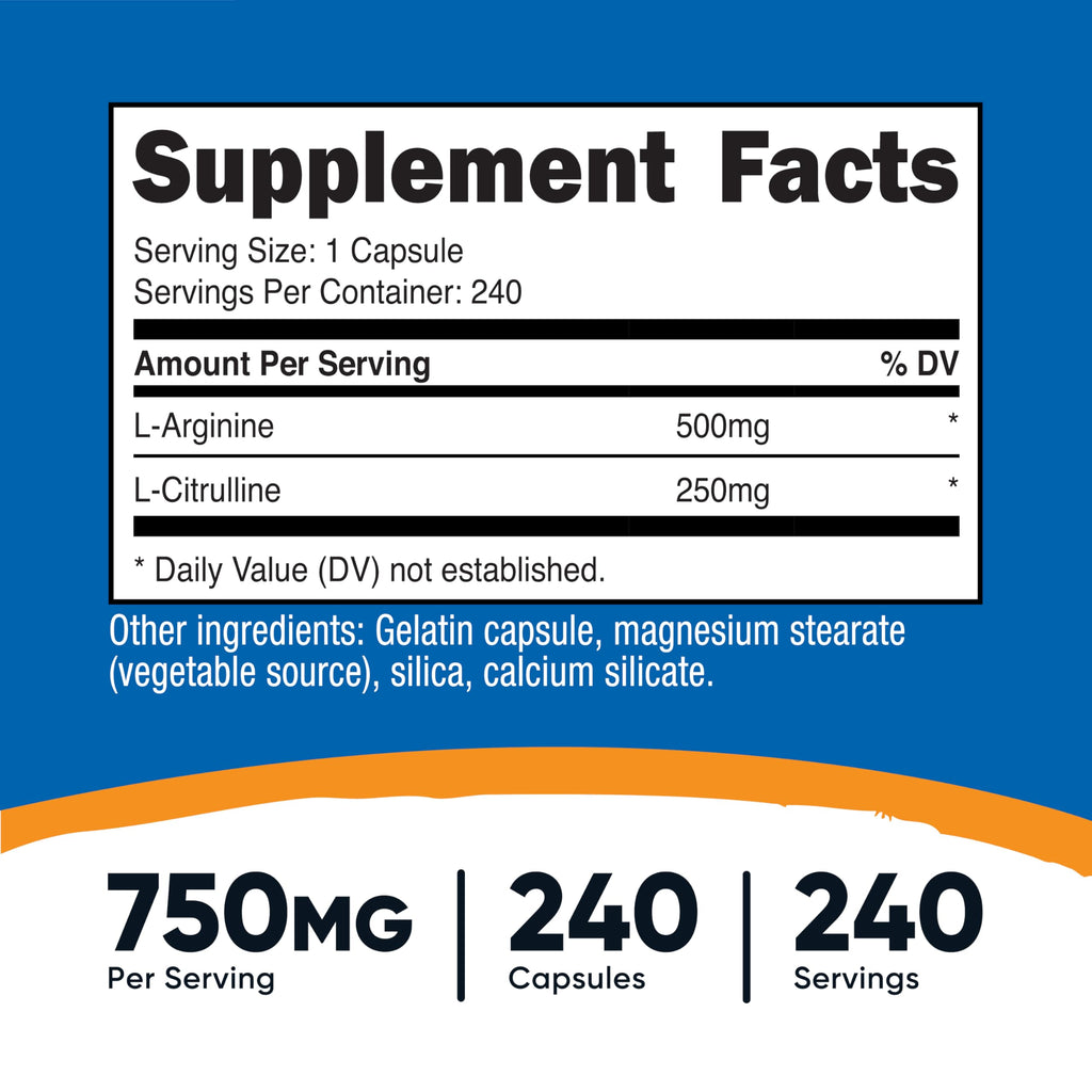 Nutricost L-Arginine L-Citrulline Complex 750mg, 240 Capsules (2 Bottles) - Non-GMO