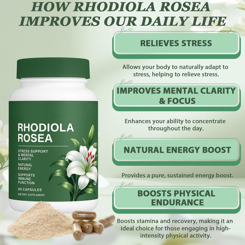 Floraviva Rhodiola Rosea Capsules | 500mg Rhodiola Rosea Extract Supplement for Stress Support, Mental Focus & Energy, Immune Function, Non-GMO, 60 Capsules