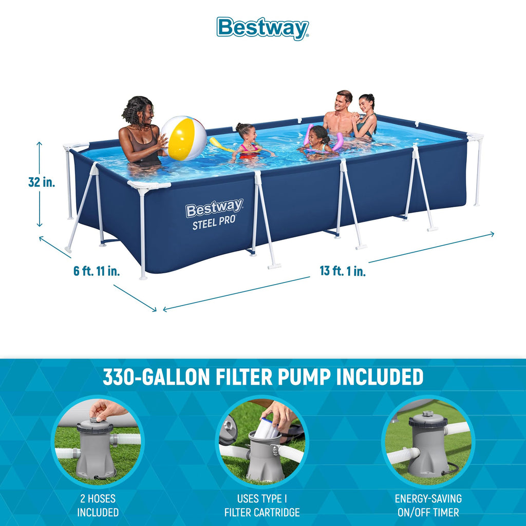 Bestway Steel Pro 13 Foot x 32 Inch Rectangular Above Ground Outdoor Pool Steel Framed Vinyl Swimming Pool with 1,506 Gallon Water Capacity, Blue