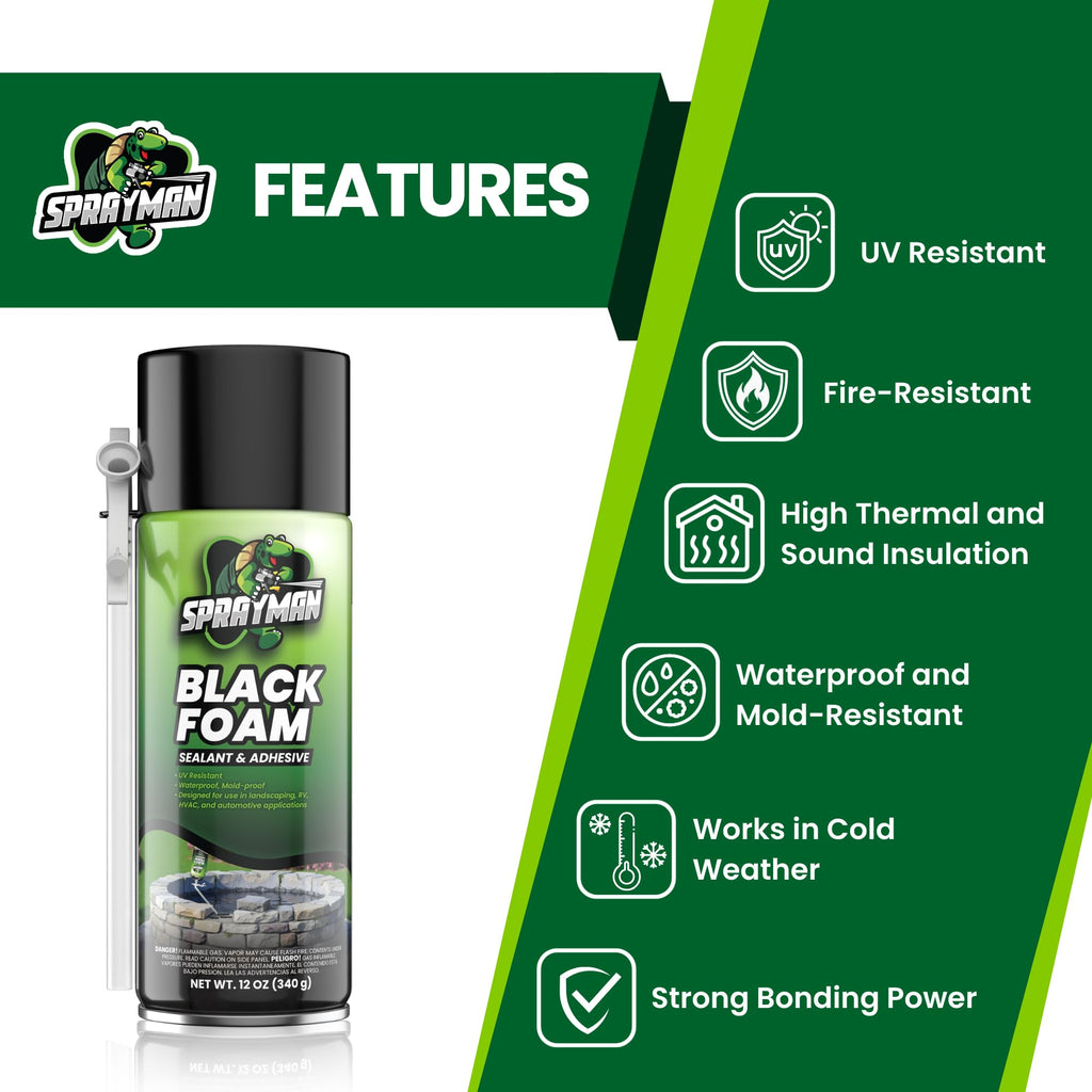 Sprayman Black Waterfall Foam Sealant - (2x12oz) Expanding Polyurethane Pond Foam Sealer, UV Resistant, Water Proof Spray for Landscape & Exterior, Straw Use, 2 Pack