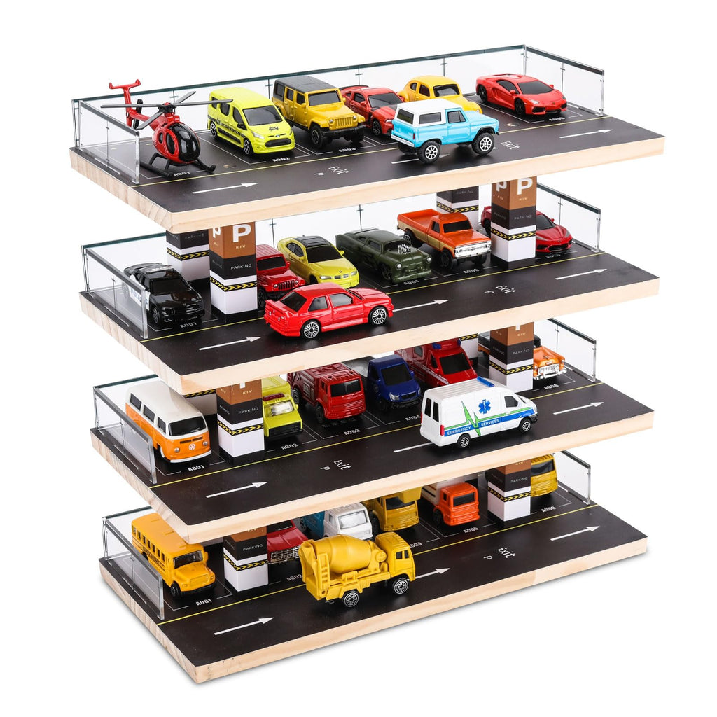 Saichotoy Display Case Compatible with Hot Wheels & Matchbox, 1/64 Scale Diecast Toy Car Storage, Parking Garage Diorama - Freestanding Storage with 4 Levels 24 Spots Maximum 40 Cars
