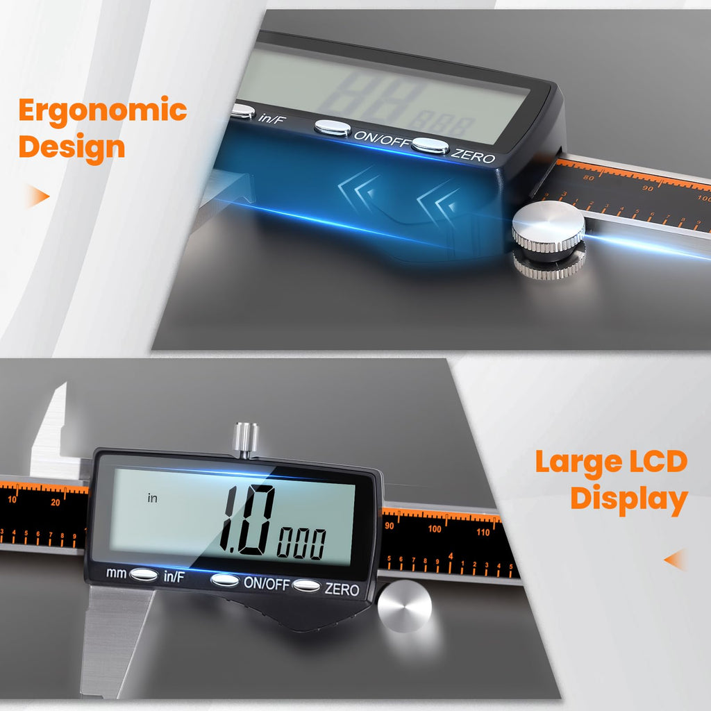 HARDELL Digital Caliper, Rechargeable Calipers with Large LCD Screen, Stainless Steel Caliper Measuring Tool, Auto-Off Micrometer, Inch/MM/Fraction for DIY/Household/3D-printing