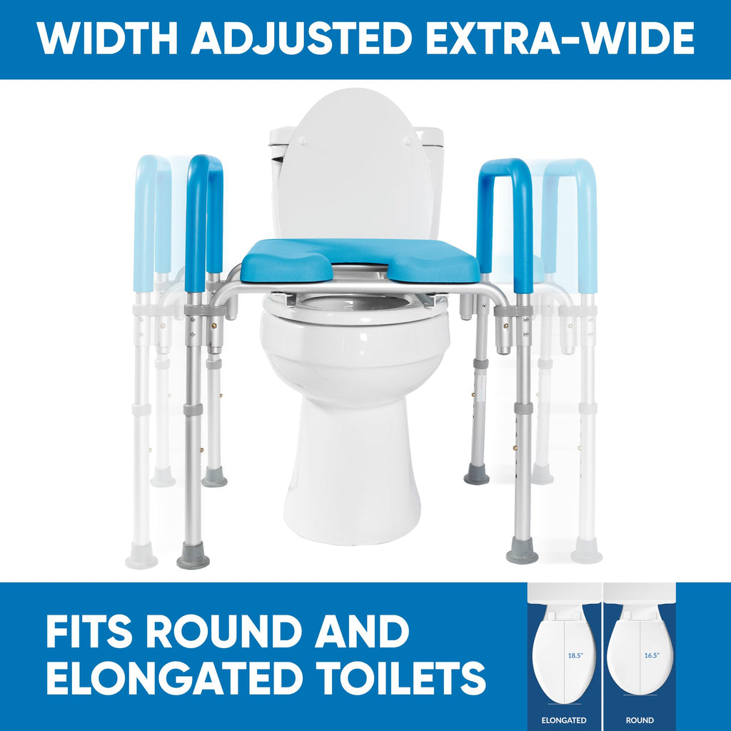 Ultimate Raised Toilet Seat with Handles, Bedside Commode, Padded Armrests, Adjustable Height, Premium Elevated Toilet Seat for Elderly Bathroom Safety with Arms, Standard and Elongated Toilets, Blue