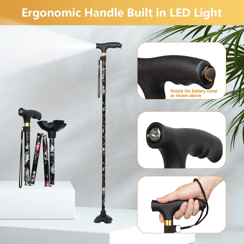 Hedkin Walking Cane with LED Light, Foldable,Adjustable, Self Standing Walking Canes for Men & Women,Walking Sticks with Quad Base for Seniors & Adults