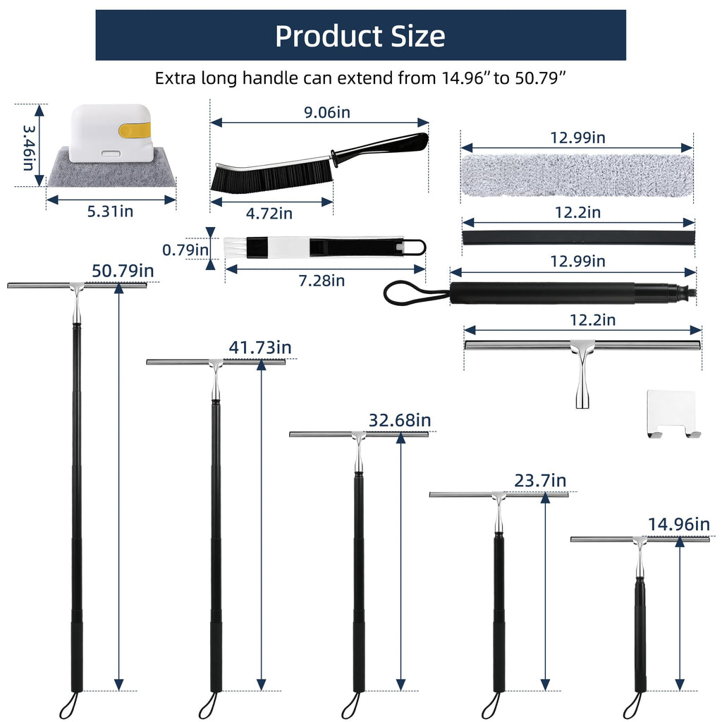 Eahwey 12-51’’ Telescopic Window Squeegee for High Windows, 2-in-1 Window Cleaning Kit with Extra Silicone Blade & Hook, Professional Squeegee for Shower Glass Doors (Window Squeegee Set)