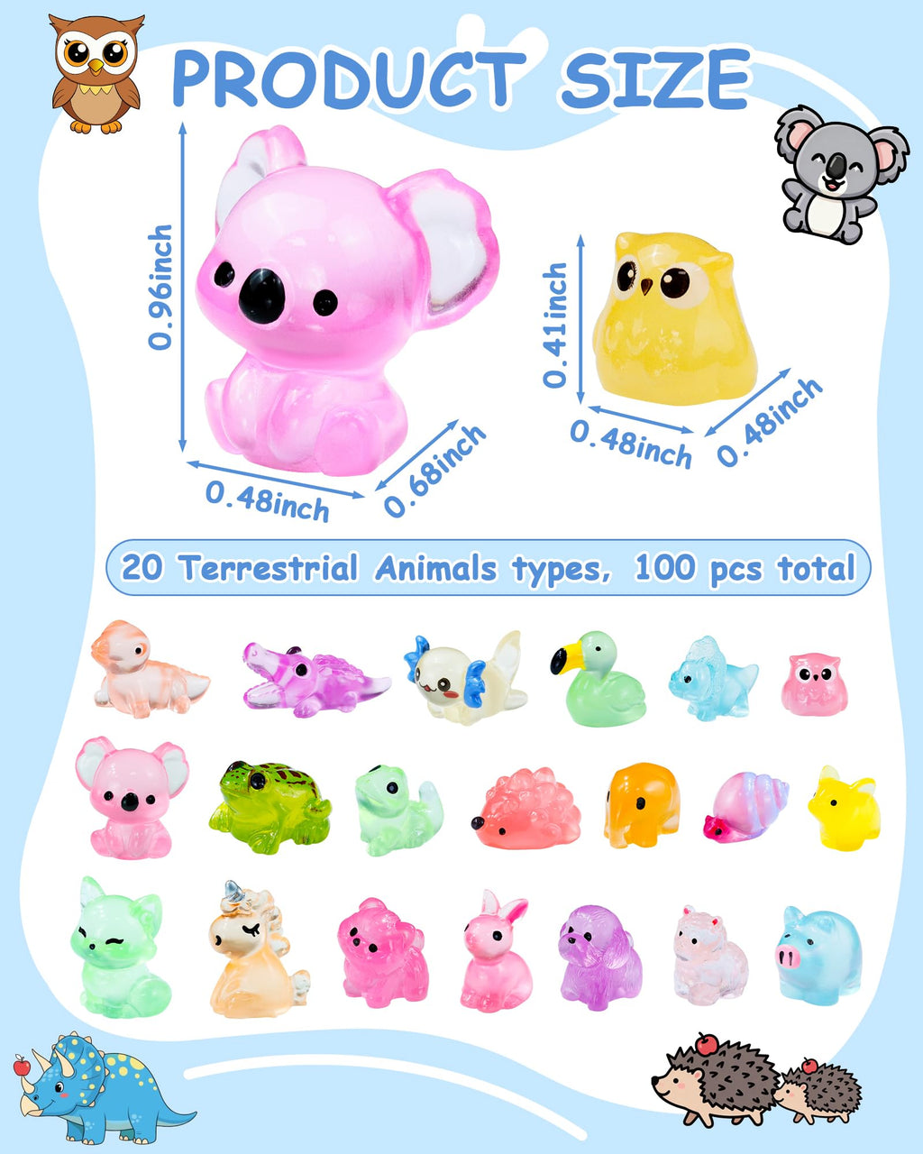 FIVEIZERO 100PCS Luminous Mini Resin Terrestrial Animals Bulk - 20 Styles Glow in The Dark Plastic Tiny Land Animal Figures for Dollhouse, Fairy Garden, Aquarium, Party Favors & DIY Craft Decor