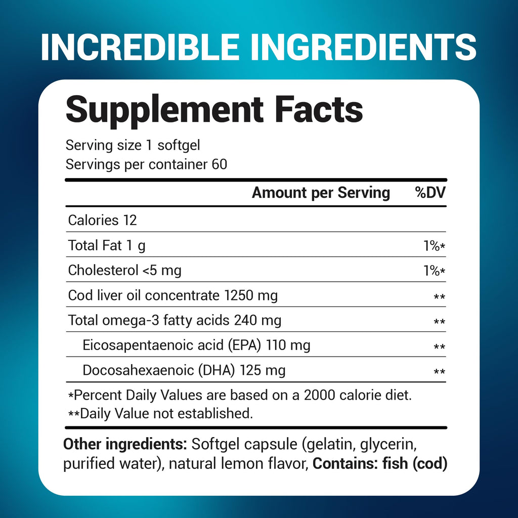 Dr. Berg Omega-3 Cod Liver Fish Oil 60 Softgels – Wild-Caught Icelandic Cod – Omega 3 EPA & DHA – Heart, Brain, Immune & Eye Support* – Lemon Flavor – 4X Lab-Tested – Non-GMO, No Fillers