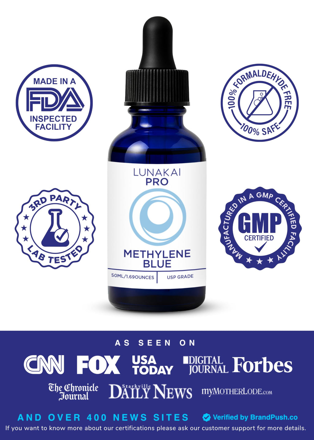 Lunakai USA Made Methylene Blue Pharmaceutical Grade – 99.99% Pure USP Grade 1% Methylene Blue Drops for Humans – Cognitive & Focus Support Supplement