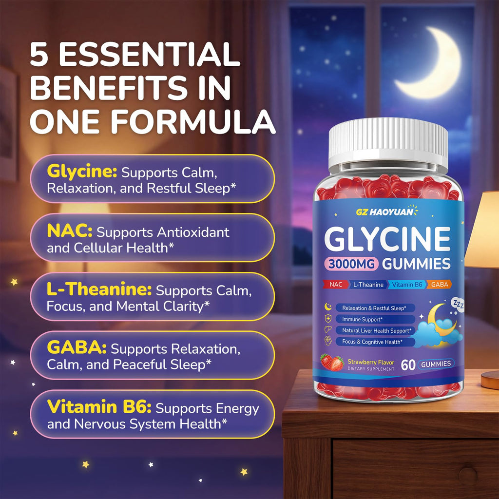 GZ HAOYUAN Glycine Gummies, Glycine 3g Supplements with NAC, L-Theanine, GABA, for Sleep, Relax, Nerve & Brain Support, Sugar Free, Vegan, Strawberr Flavor, 60 Cts