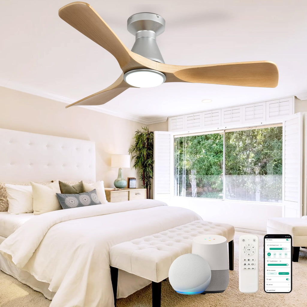 Depuley Ceiling Fans with Lights for Bedroom: 42 In Smart Low Profile Ceiling Fan with Voice Alex APP Remote Control - Wood Fandelier Flush Mount Fan 3 Blades Dimmable 3CCT Ultra Quiet