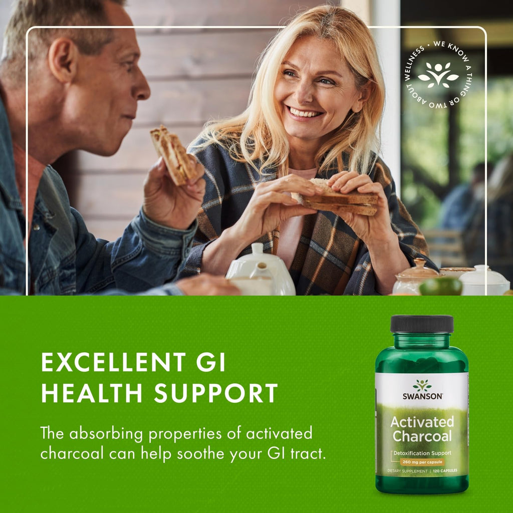 Swanson Activated Charcoal - Natural Supplement Supporting Healthy Absorption - Helps w/Bloating & Maintaining Bowel Regularity - (120 Capsules, 520mg per Serving) 2 Pack