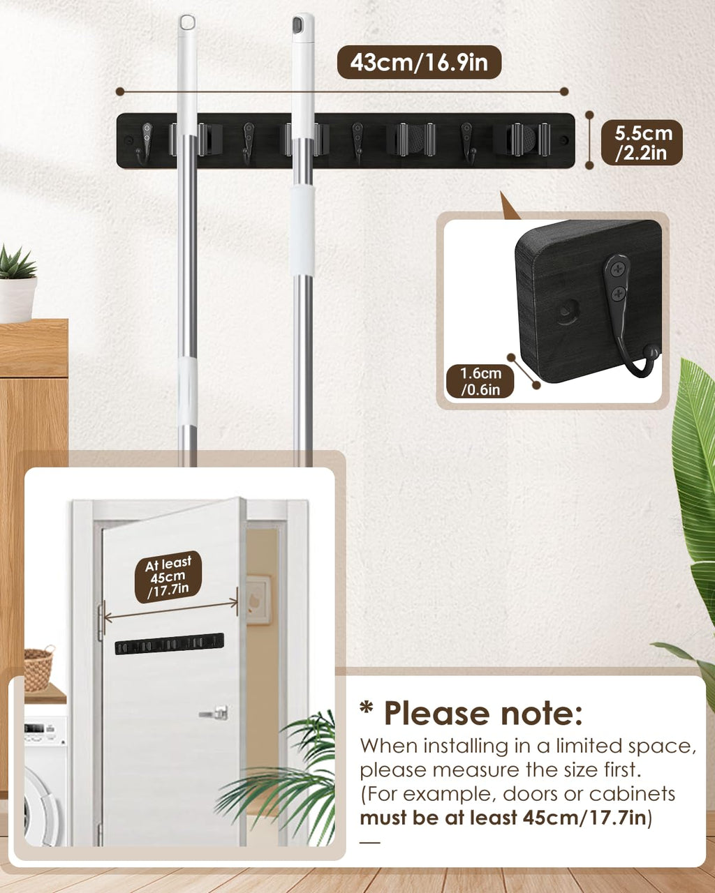 AceMining Broom Holder Wall Mounted, Black 4 Holders and 4 Hooks Mop Holder, Wooden Mop and Broom Holder with Anti slip rubber, Natural pine wood Brush Holder, Mop Wall Holde with Nail installation