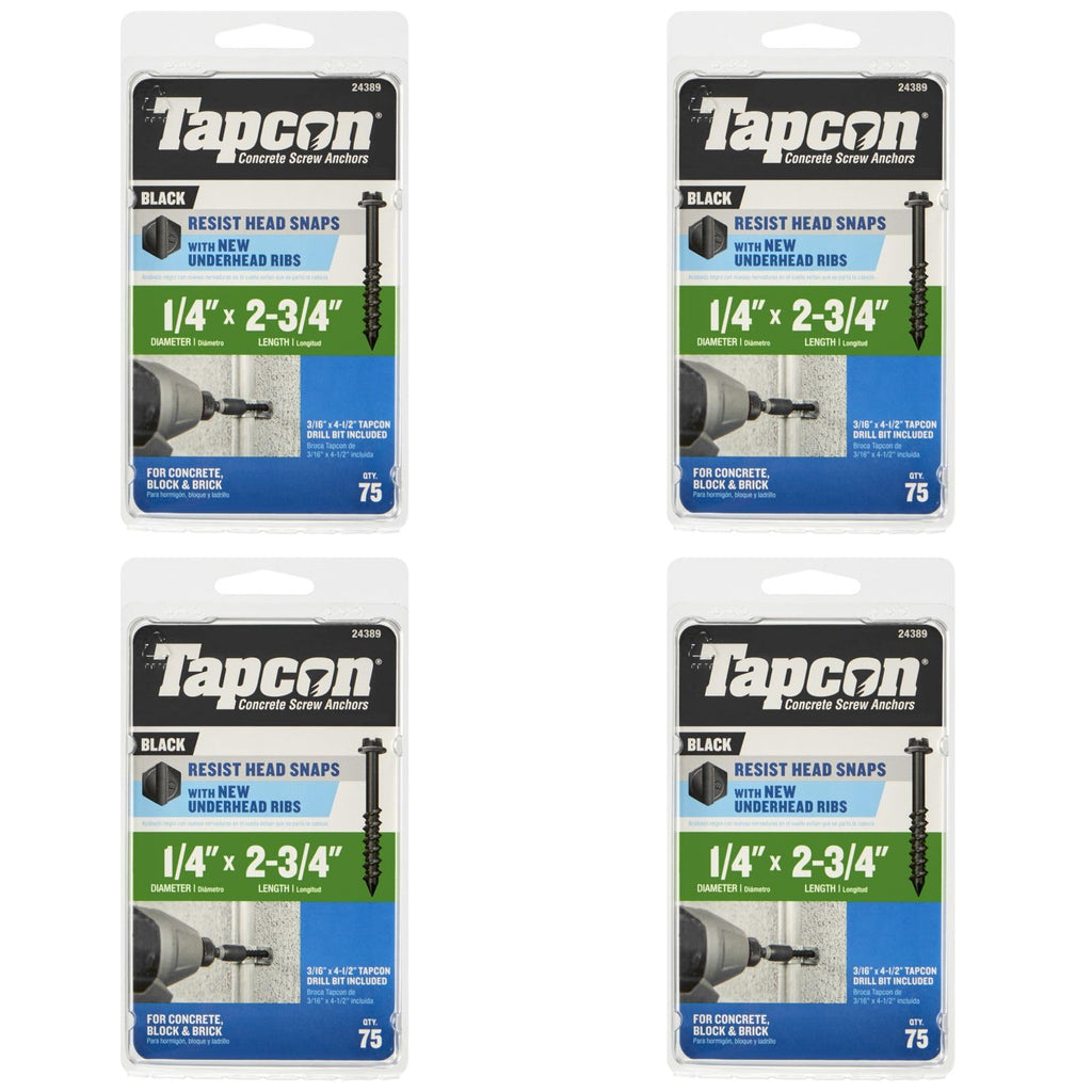 Tapcon 1/4 x 2-3/4 Inch Black Hex Head Concrete Anchors, 300 PCS, Corrosion Resistant Climaseal™ Coating, Heavy-Duty Concrete and Masonry Screws, Superior Holding Strength, Drill Bit Included