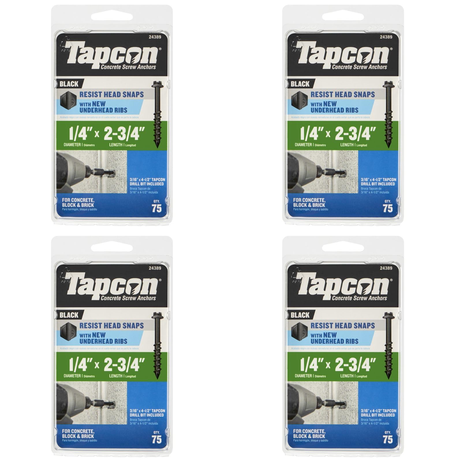 Tapcon 1/4 x 2-3/4 Inch Black Hex Head Concrete Anchors, 300 PCS, Corrosion Resistant Climaseal™ Coating, Heavy-Duty Concrete and Masonry Screws, Superior Holding Strength, Drill Bit Included
