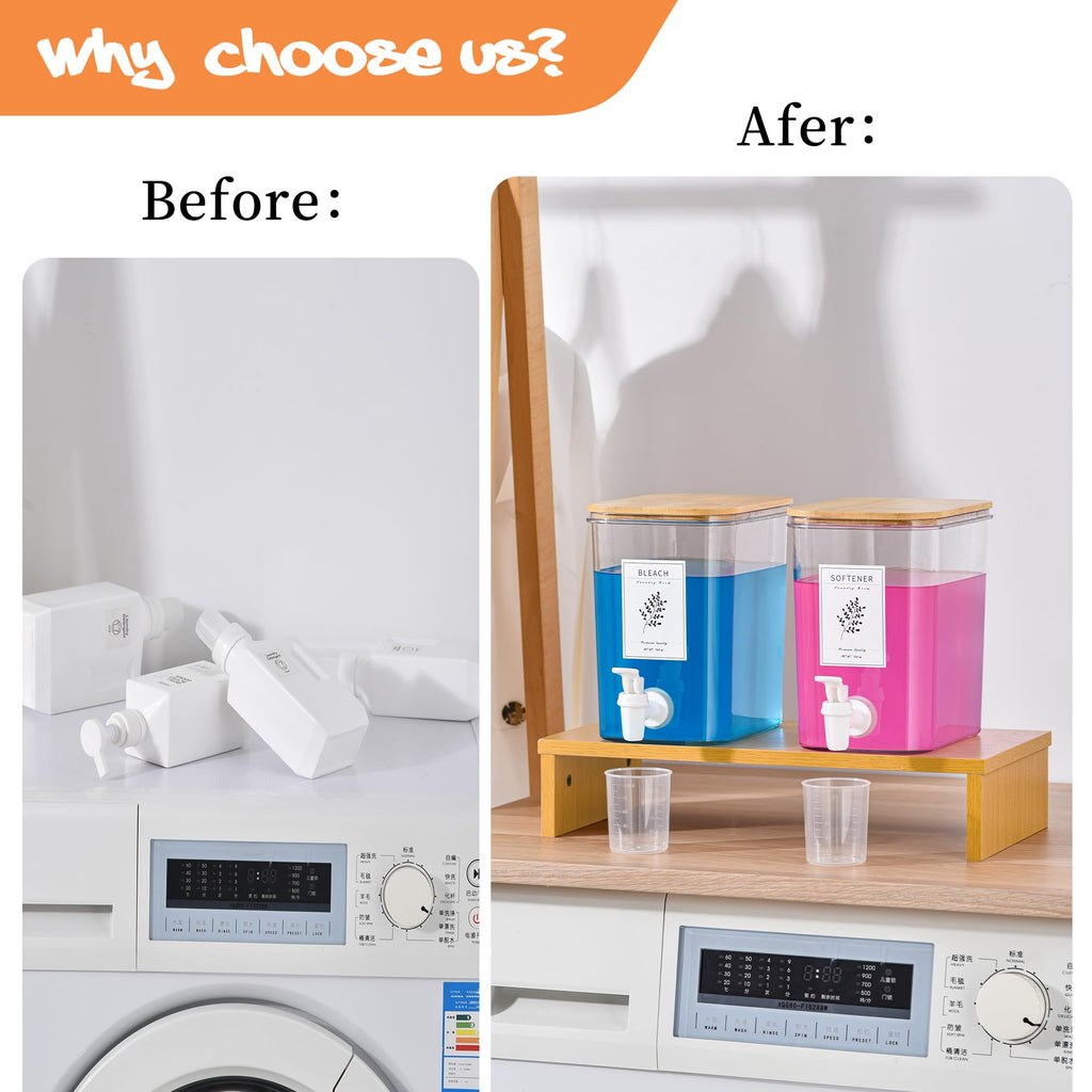 RoleDes Liquid Laundry Detergent Dispenser Set with Shelf and Bamboo Lids for Laundry Room Organization and Storage - 2 Pack 96 oz Laundry Containers for Laundry Soap, Fabric Softener