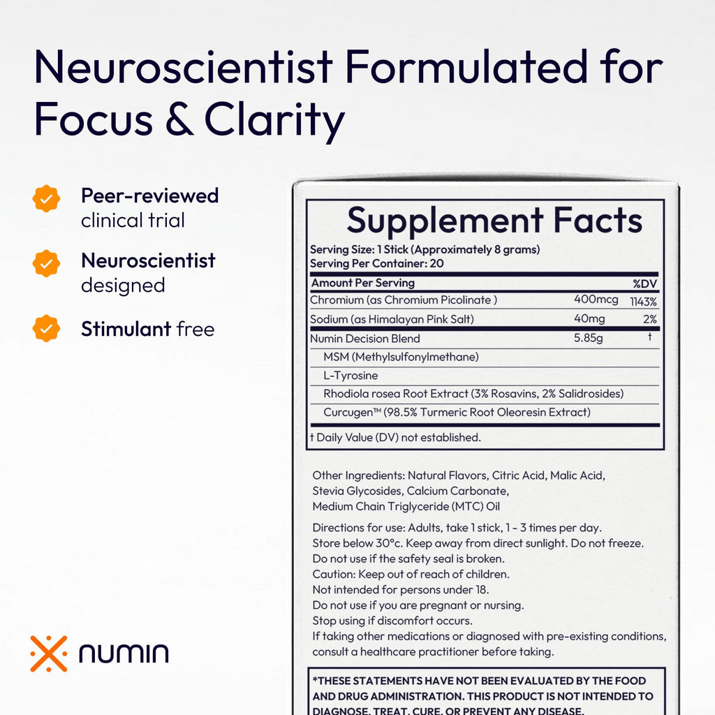 Numin Brain Supplements for Memory and Focus, Nootropic Focus Supplement, Clinical Trial-Backed Decision Fatigue Sachets with Rhodiola Rosea, L-Tyrosine, Curcumin, MSM & Chromium Picolinate, 20 Count