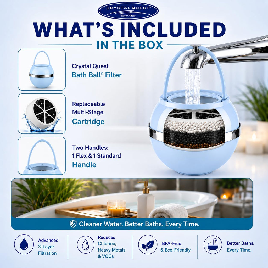 Crystal Quest Bath Ball Filter for Tub Faucet, Bathtub Water Filter, BPA-Free Bathtub Filter, Removes Chlorine, Lead & Impurities, Improves Skin, Hair & Nails, Long Lasting, Fits Most Tubs - Blue