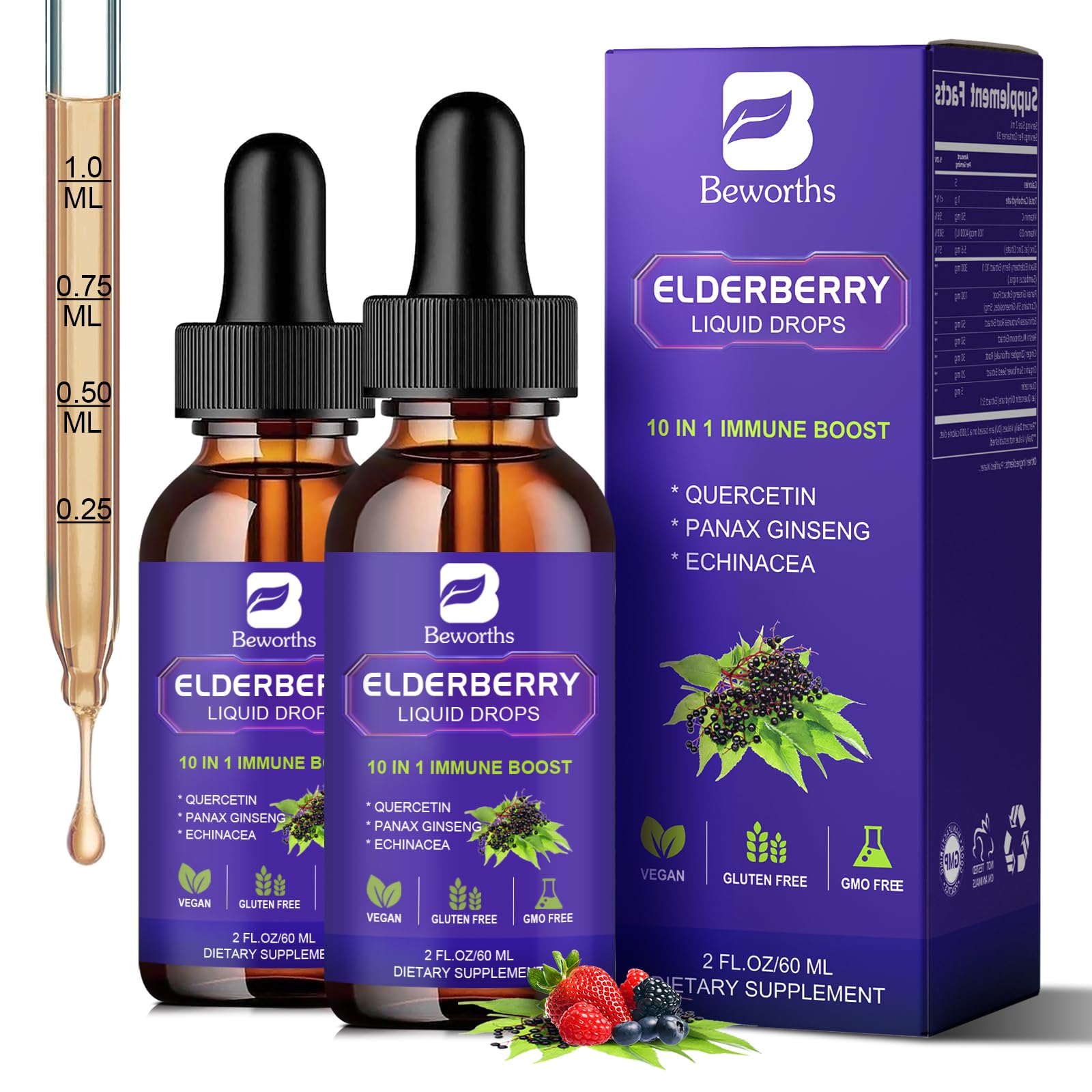 B BEWORTHS 2 Pack Elderberry Syrup, Black Elderberry Drops with Quercetin, Panax Ginseng, Vitamin C and Zinc, Sambucus Elderberry Syrup Liquid for Immune Support, Vegan, Non-GMO & Gluten Free