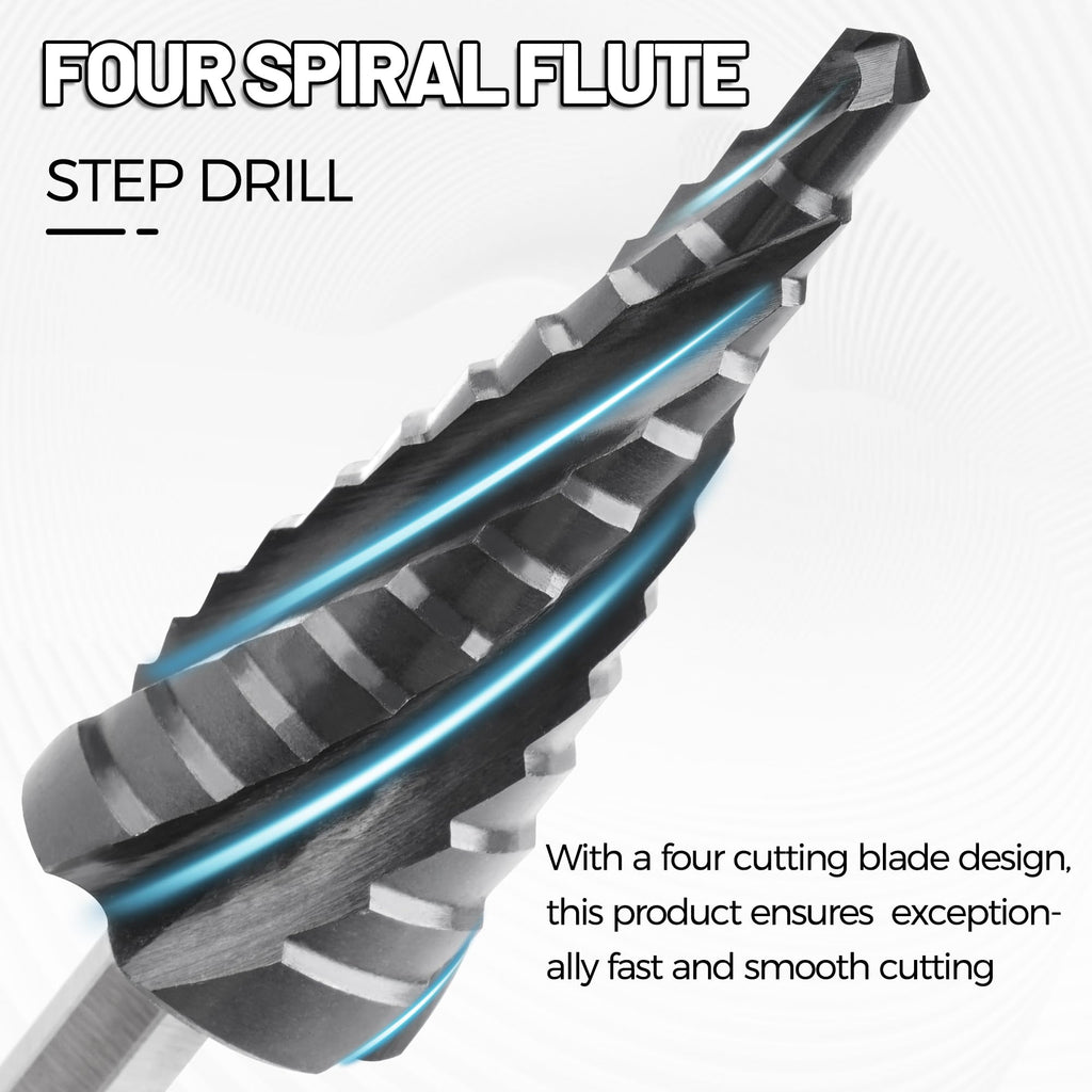 Cobalt M35 Step Drill Bit 3/16" to 7/8", TiAlN Coating 4 Spiral Flute Step Bit for Stainless Steel, Metal, Aluminum, Plastic