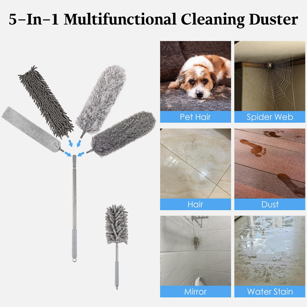Microfiber Feather Duster Kit with Extension Pole, 7 PCS Washable Reusable Duster for Cleaning, 100'' Bendable Extendable Long Duster with Stainless Steel Pole for High Ceilings, Fans, Furniture & Car