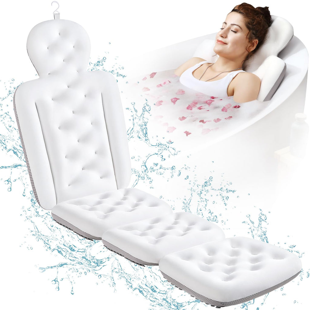 Full Body Bath Pillow for Bathtub, Thick Bath Cushion with Laundry Bag and 160 Silicone Suction Cups, Luxury Tub Padding Support for Head Back Butt Legs White 51" x 16"