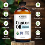 Castor Oil 100% Pure Organic Cold Pressed Unrefined Glass Bottle | USDA Certified Organic | Hexane Free Extra Virgin | For Hair Growth Eyebrows Eyelashes Skin and Castor Oil Pack Wrap | 16oz