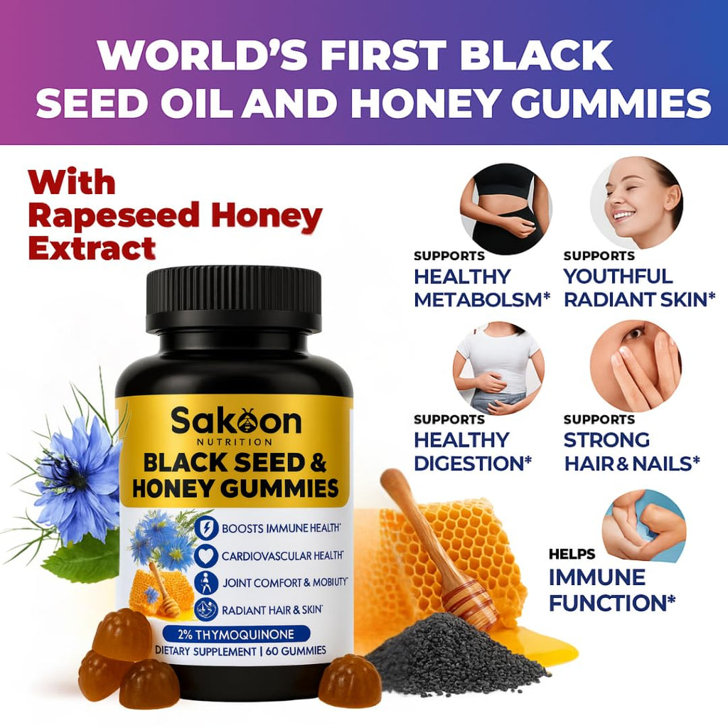 Sakoon nutrition Black Seed Oil Gummies with Honey and W/ 2%+ THYMOQUINONE - Nigella Sativa Seeds - Super antioxidant for Immune Support, Joints, Digestion, Hair & Skin - 60 Gummies