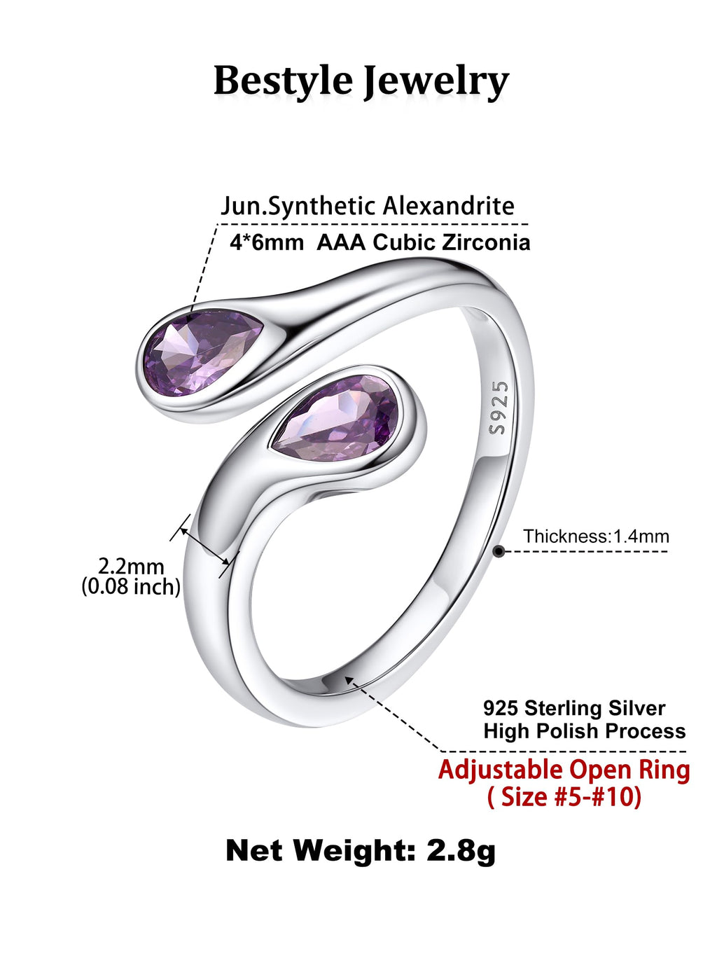Bestyle June Birthstone Ring for Women, Silver Alexandrite Ring Two Purple Gemstone Teardrop Ring, TOI et Moi Ring Love Promise Rings BFF Ring for, Christmas Valentine's Day Birthday Gifts