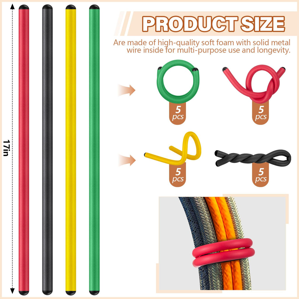 Ninehaoou 20 Pcs 17 Inch EVA Foam Twist Rubber Ties Reusable Bendable Cable Tie Straps Flexible Heavy Duty Twisty Ties for Organizing Cords Bundling (Red,Yellow,Green,Black)