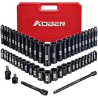 AOBEN 1/4-Inch Drive Impact Socket Set, 54 Pieces, 6 Point, SAE/Metric, (5/32" - 9/16" ，4mm -15mm)，Deep/Shallow, Cr-V Steel, Includes Extension bars and Socket Adapter