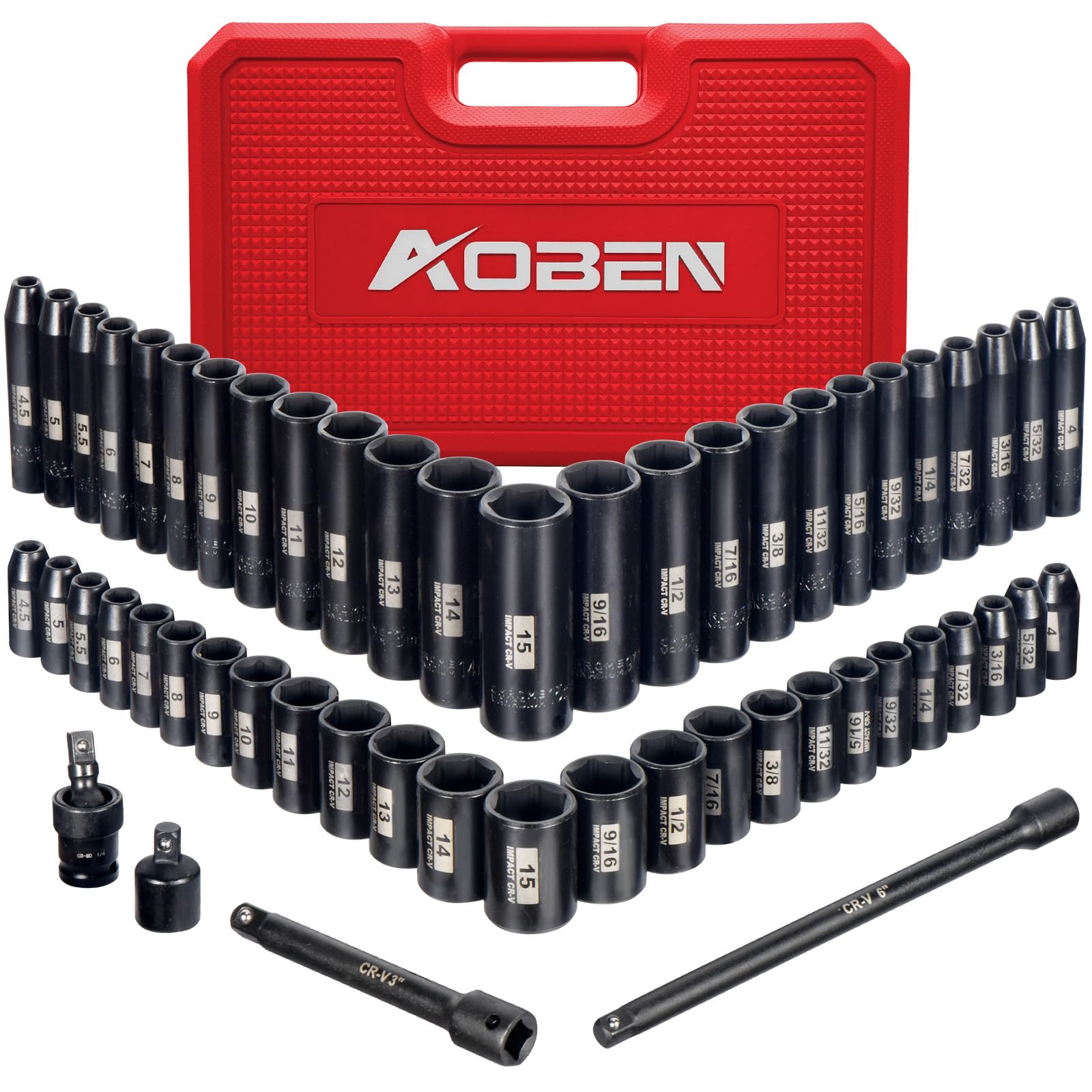 AOBEN 1/4-Inch Drive Impact Socket Set, 54 Pieces, 6 Point, SAE/Metric, (5/32" - 9/16" ，4mm -15mm)，Deep/Shallow, Cr-V Steel, Includes Extension bars and Socket Adapter