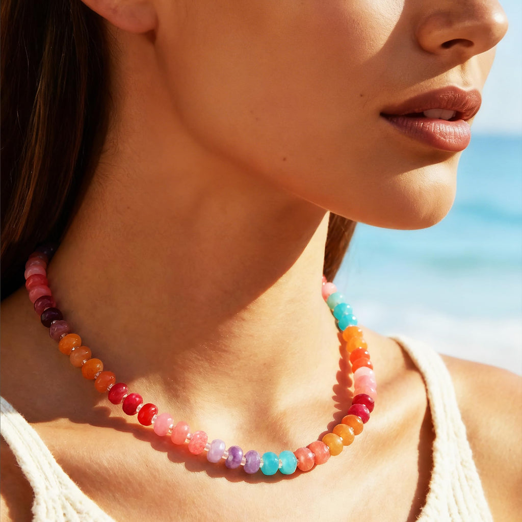 HAXIYA Colorful Beaded Gemstone Necklace for Women Boho Choker for Beach