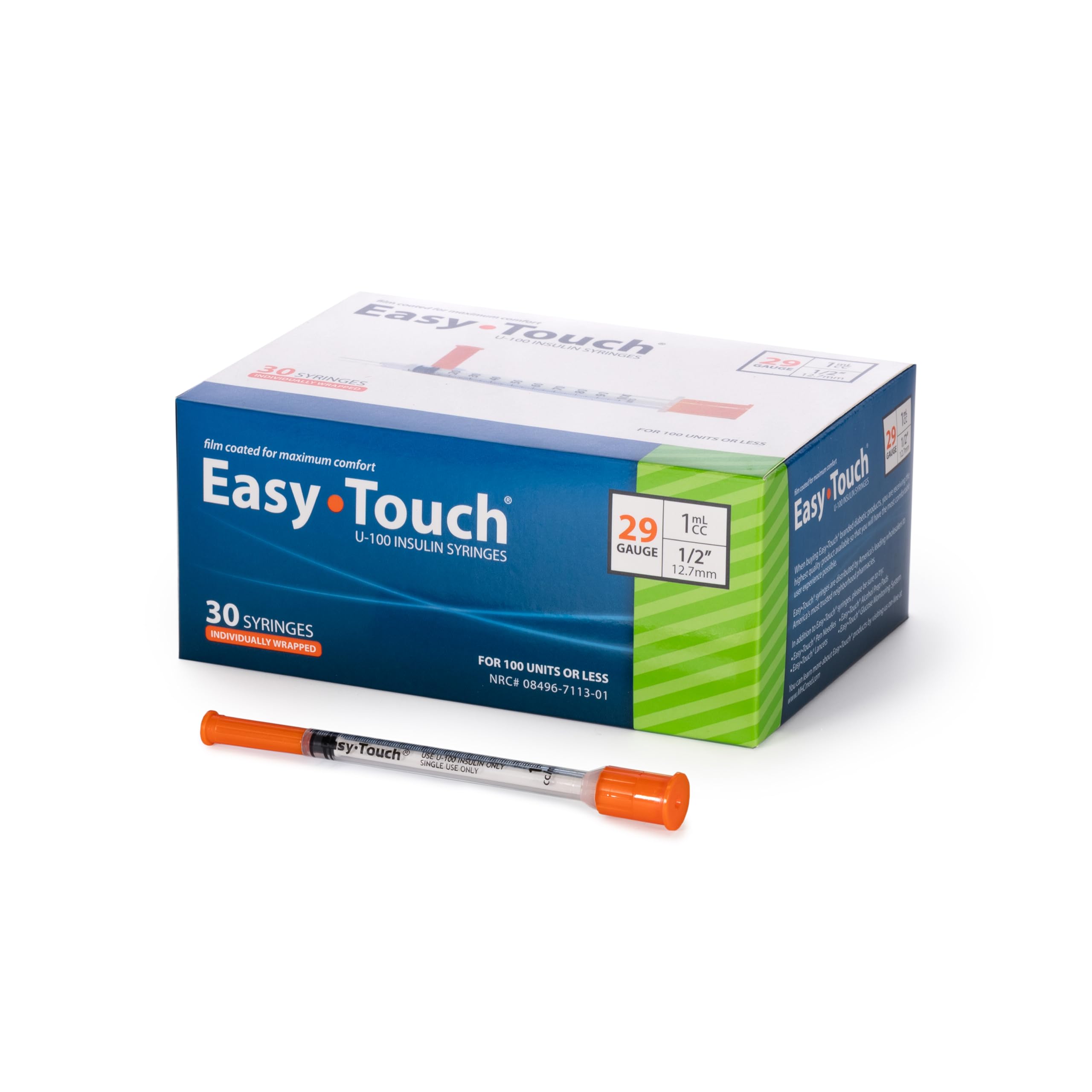 EasyTouch IW U-100 Insulin Syringes (29G 1.0cc 1/2") - 30 ct.