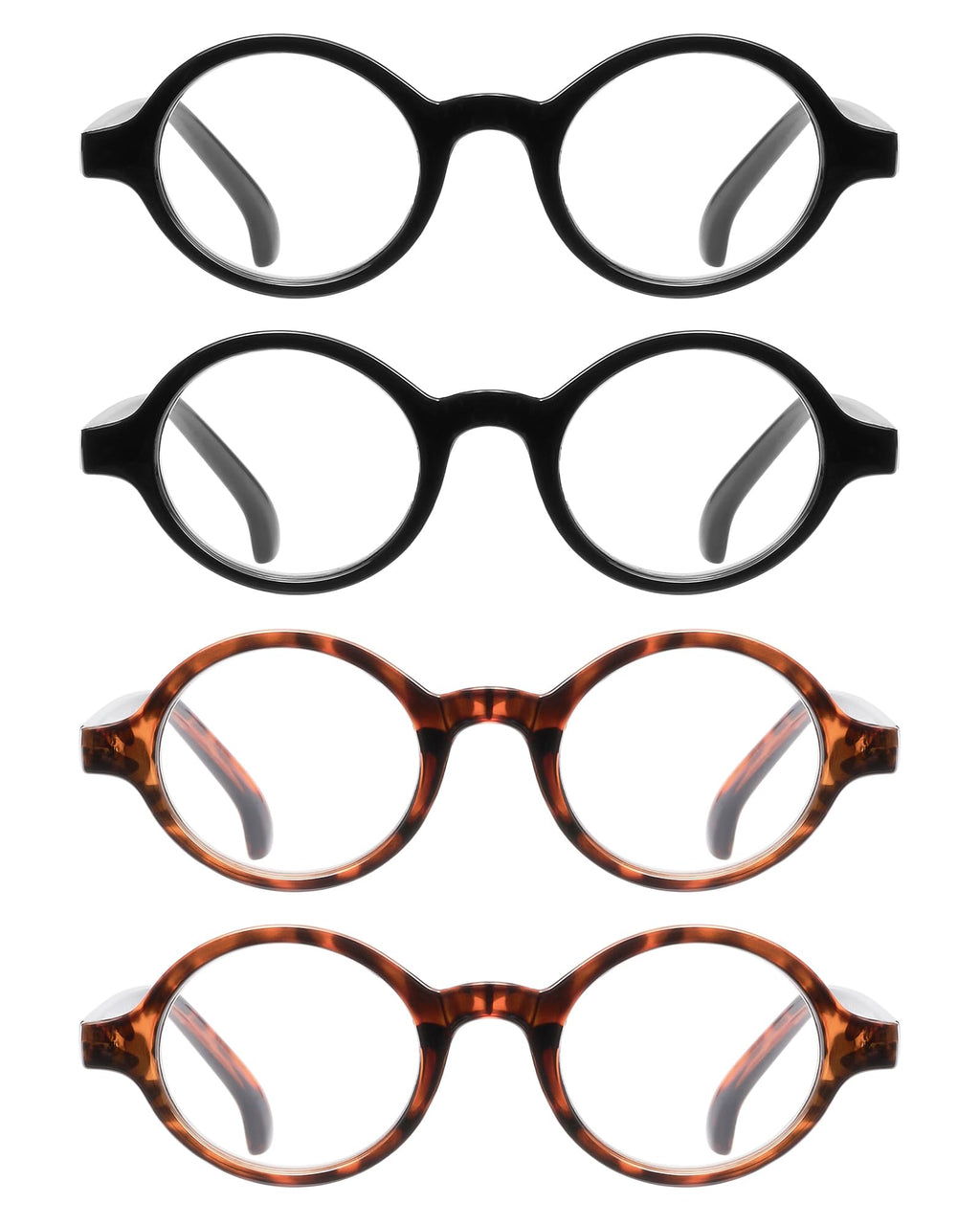 JM Set of 4 Retro Round Reading Glasses Spring Hinge Readers Men Women Glasses for Reading +2.0 Black & Tortoise