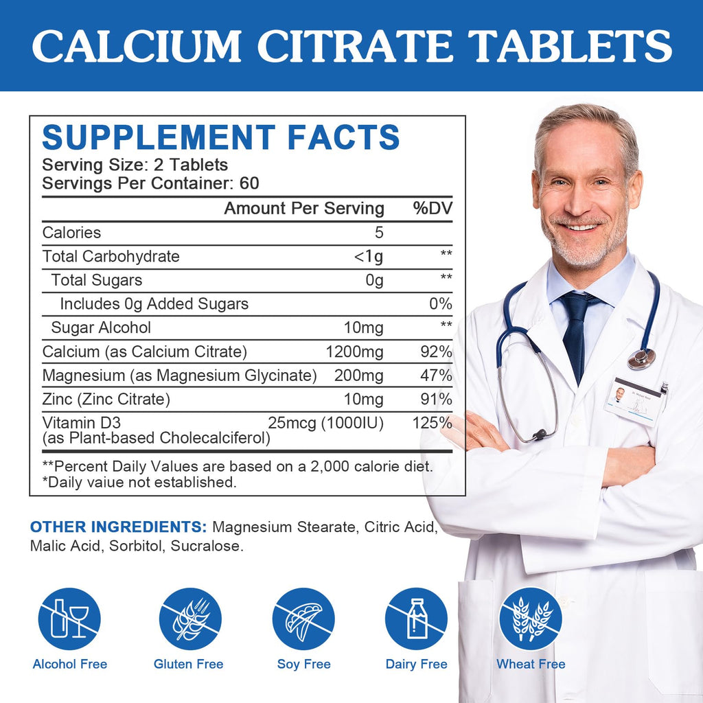 Calcium Citrate 1200mg Supplement with Vitamin D3 for Women and Men - Calcium Magnesium Zinc D3 Supplement for Bone, Teeth, Immune Support, Vegan-Friendly - 120 Tablets (2 Pack)