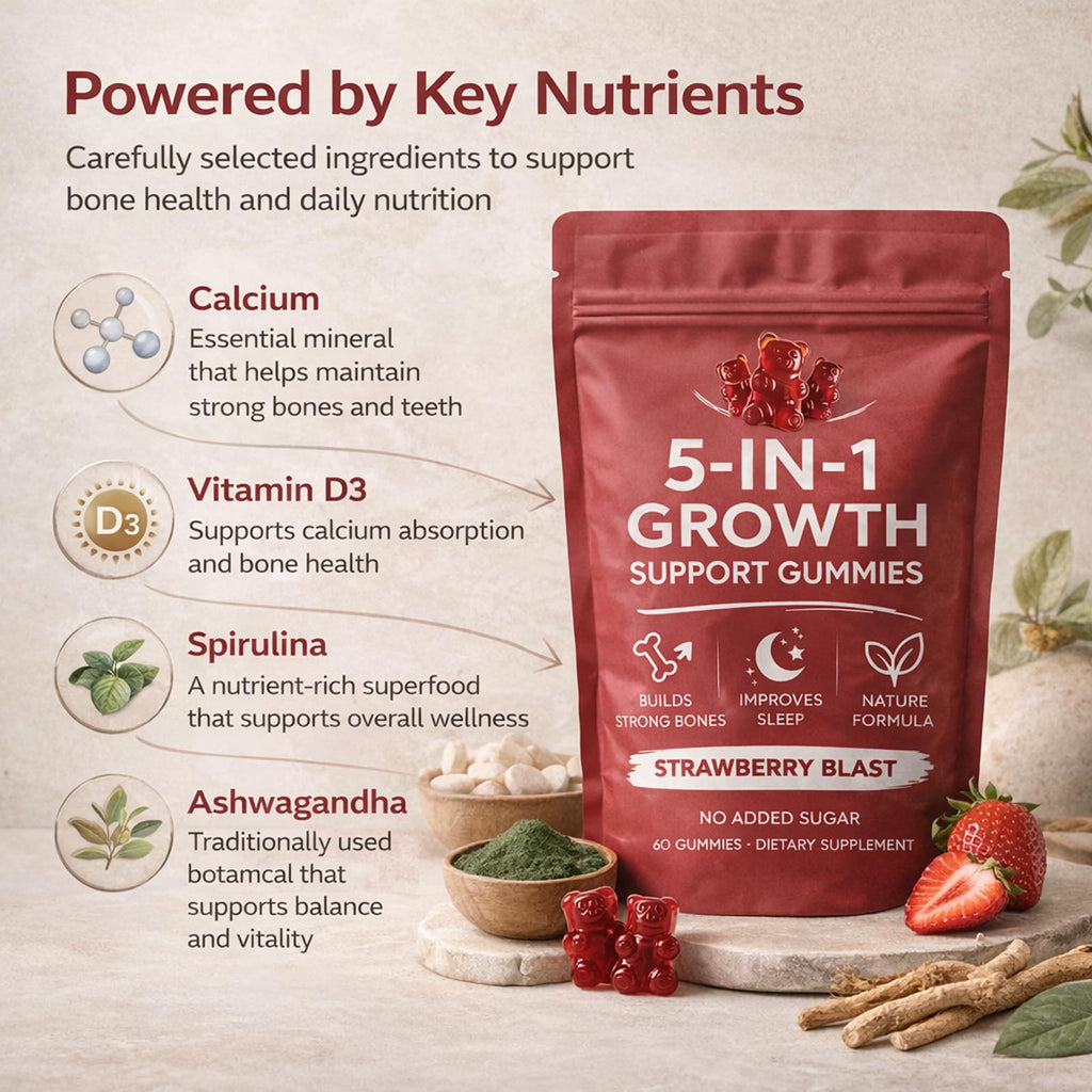 DXWXH 5 in 1 Growth Gummies, Growth Gummies with Vitamin D3 & K2, Calcium, Ashwagandha, Spirulina, for Bone Health & Daily Vitality Support, Strawberry Flavor, Non-GMO, 60 Gummies