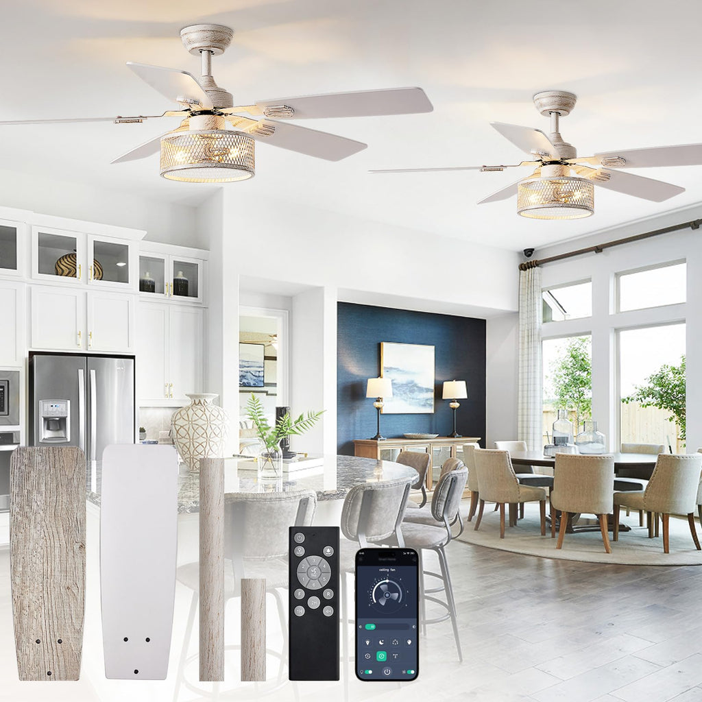Depuley 52in Ceiling Fans with Lights: 2 Pack White Gold Caged Ceiling Fan with Remote - Farmhouse Ceiling Fan with Dual Finish 5 Blades for Living Room 6 Speeds Timer Reversible E26 Bulbs Included