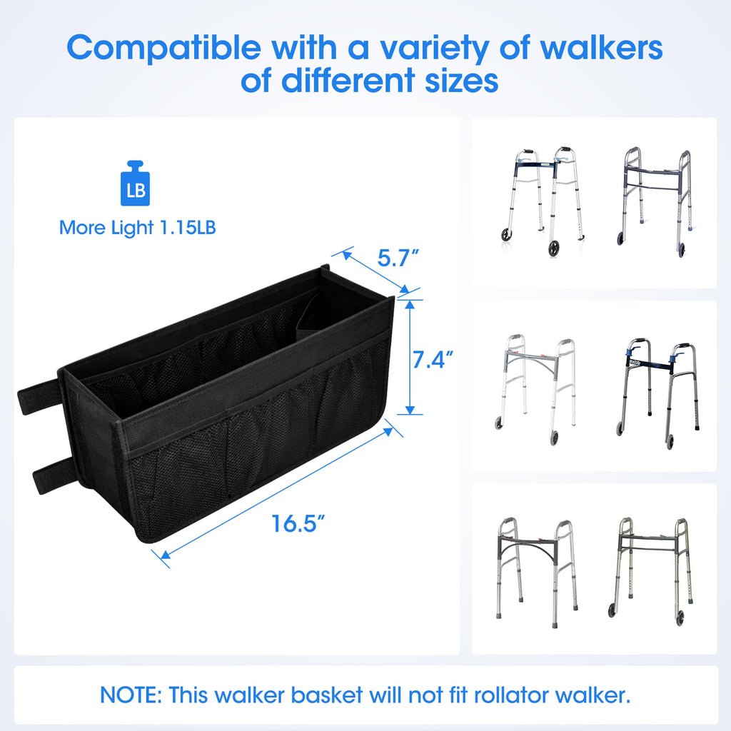 Dotday Upgraded Walker Basket with Cup Holder, Foldable Walker Bag with Large Capacity & Never Tipping Over- Not Fit for Rollator