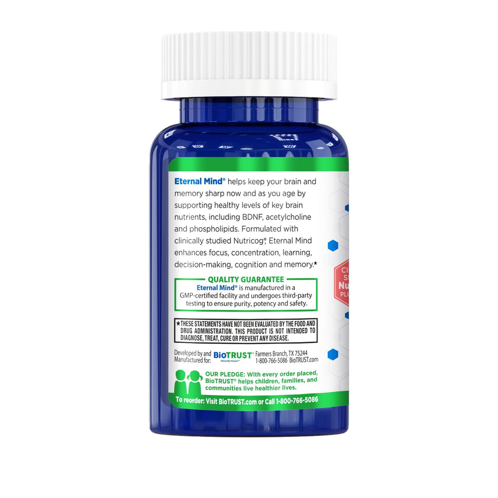 BioTrust Eternal Mind Brain Supplements for Memory & Focus - Sharpen Mental Agility, Recall & Concentration with Age - Clinically Studied Supplement for Longevity & Cognition - 30 Servings